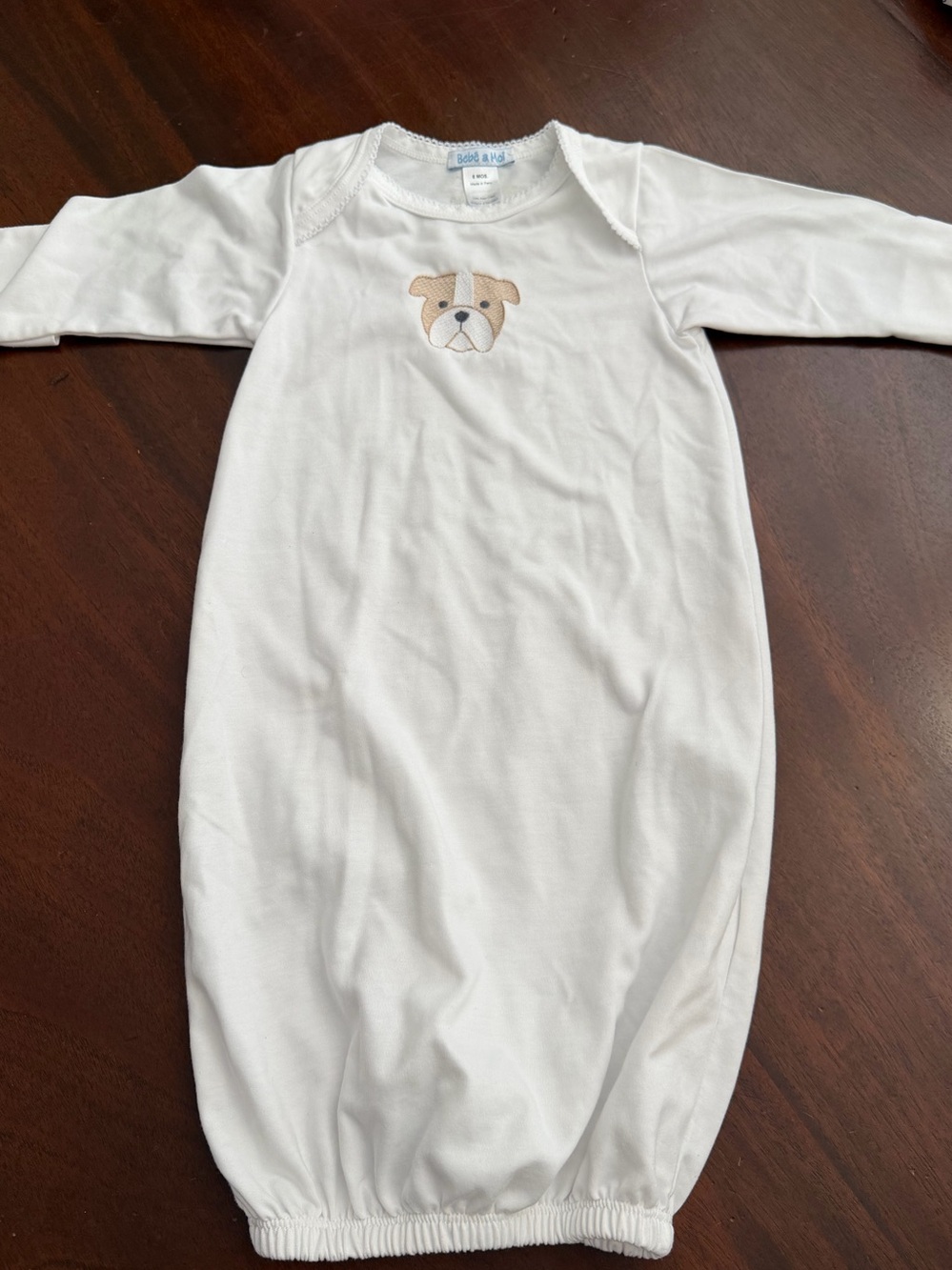 White Baby Sleep Gown with Tan Puppy Applique